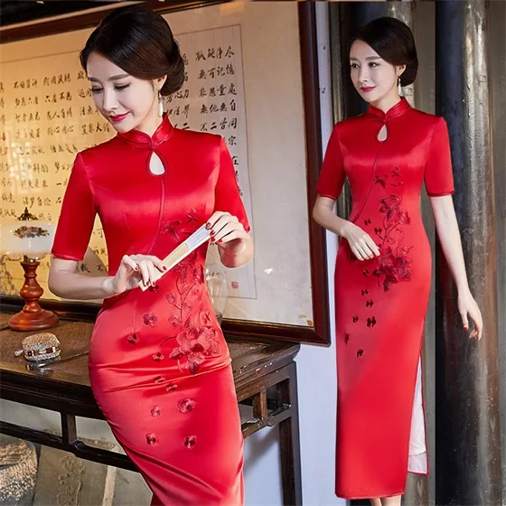 Новинка, традиционное китайское женское платье с цветочным принтом в винтажном стиле, сатиновое, сексуальное, до щиколотки, Qipao, Дамский воротник-стойка, тонкий, Cheongsam S-3XL - Цвет: 2