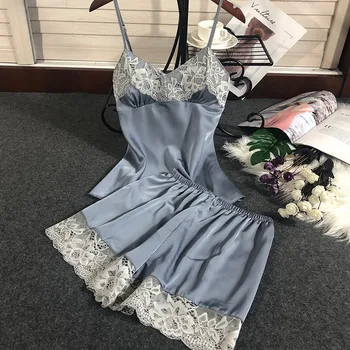 

2PCS Sleep Set 2020 New Women Pajamas Suit Lace Intimate Lingerie Sexy Satin Strap Top&Short Silky Home Clothes Nightwear