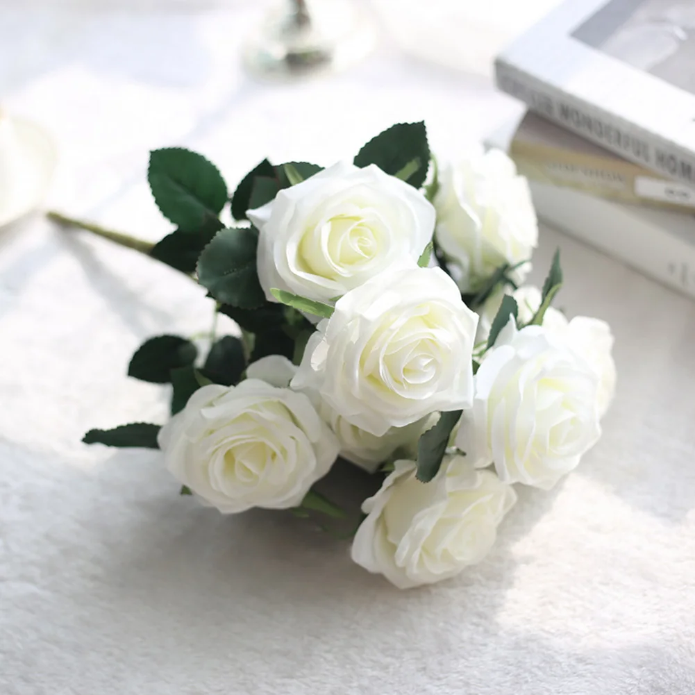 Pure White 10 шт., подарок, свадебное украшение, искусственный цветок, сделай сам, цветочный букет роз, Свадебная вечеринка, день рождения, настольные поделки, праздник с листьями - Цвет: Pure White