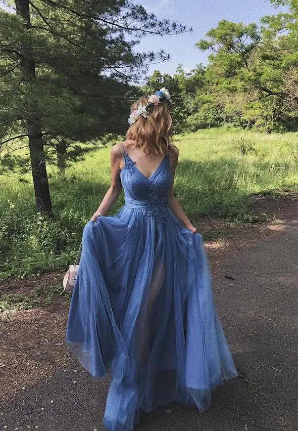 

Blue Tulle Lace Applique Long Prom Dress Evening Gown Split Deep V Neck A Line Sleeveless Spaghetti Strap Walk Beside You
