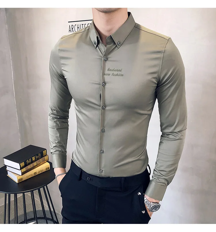 Лидер продаж, однотонная официальная одежда, рубашка для мужчин, осенняя Новая мужская рубашка с длинными рукавами, приталенная Повседневная рубашка, Мужская одежда, 3XL-M
