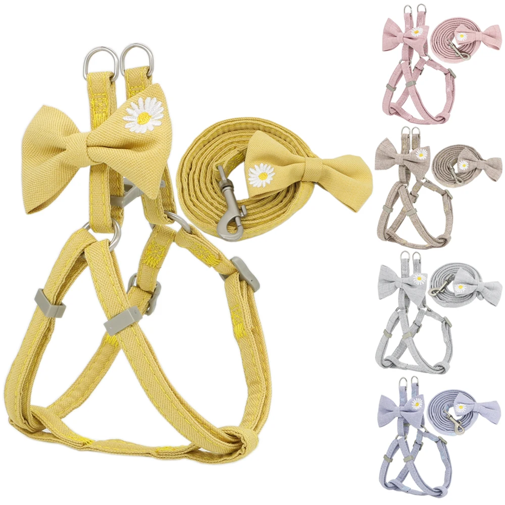 Dog Harness Leash Set Adjustable Soft Embroidery Cute Bow Double Layer for Small Medium Pets Leashes Walking | Дом и сад