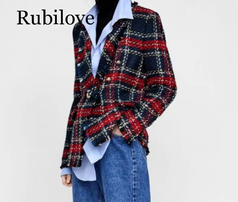 

Rubilove 2019 Euramerican New Fashion Popular Line And Plaid Knitting Weaving Full Sleeve Polyester Double Breasted