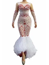 Sparkly Silver Rhinestone Elastic Ball Long Dress Feather Peplum Birthday Stage play Celebrate Dress Dancer Party Show Dress