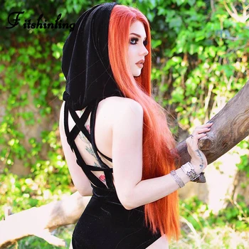 

Fitshinling Pentagram Backless Gothic Dark Bodysuit Women Harajuku Sexy Black Hooded Bodysuits Sleeveless Grunge Body Jumpsuits