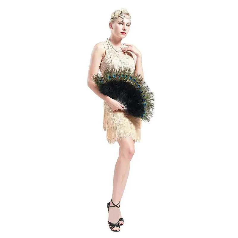 Roaring 20S винтажный Стиль Павлин и черный Марабу веер из перьев Flapper аксессуары 135,6x68,6 см
