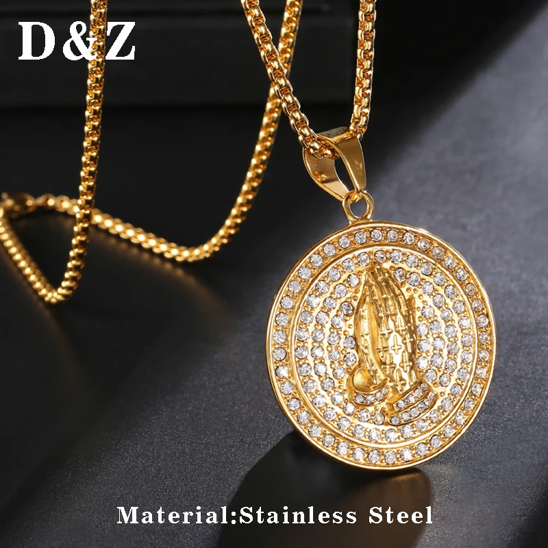 D&Z Full Micro Paved Rhinestone Prayer Hand Necklaces Geometric Round ...