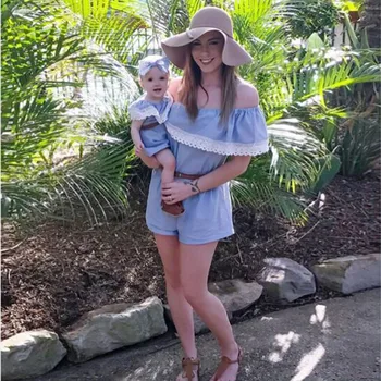 

Summer Family Matching Outfits Mom and Baby Parent Children Clothing Blue Mommy and Daughter Mother Kids Cotton Romper Clothes