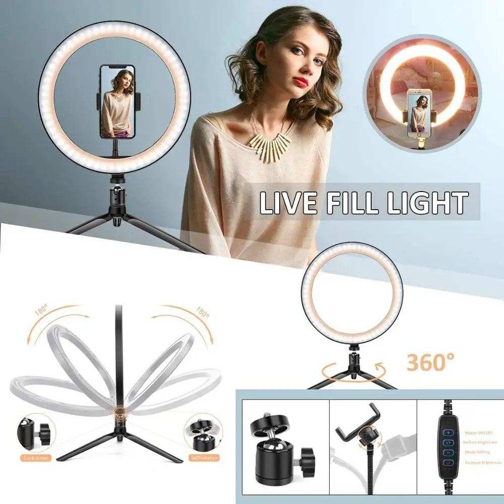 Anel de Luz Lâmpada com Tripé para Maquiagem Fotografia Iluminação Regulável Selfie Rgb Youtube Tiktok Telefone Câmera Vídeo 10 Led 26cm - Image 2