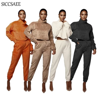 

Loose Autumn Winter Turtleneck Crop Top And Pants Two Piece Set Fleece Thickening Sexy Casual Outfits Solid Color Activewear
