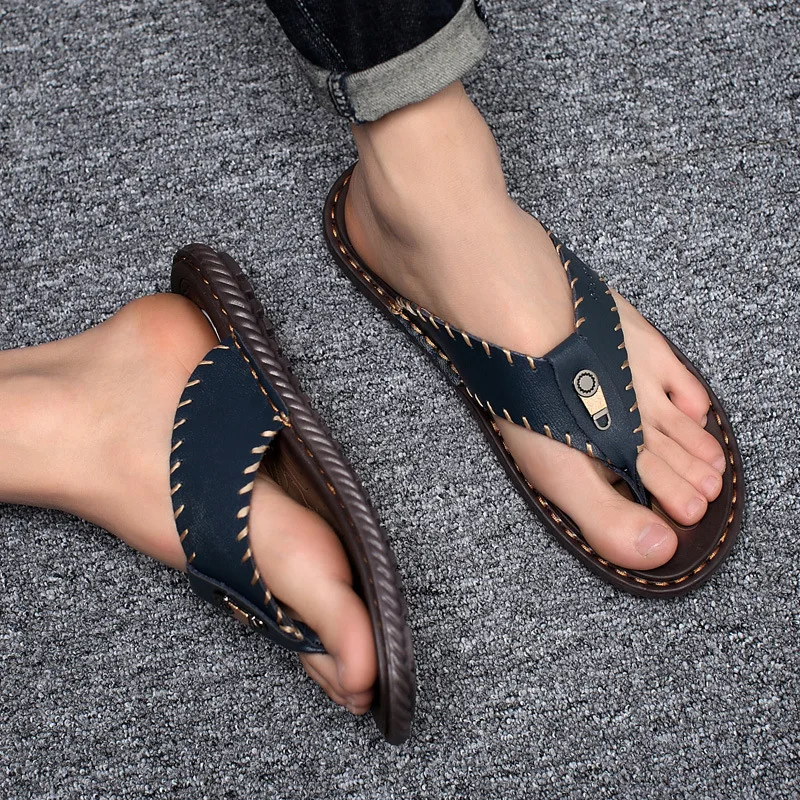 

Flip-flops Men's Summer Fashion Genuine Leather Anti-slip chao tuo Cool Split Toe Youth Men Leather Slippers Sandals