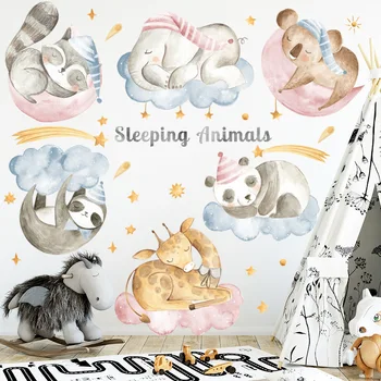 

Cartoon Sleeping Animals Wall Stickers Kid's Room Home Decoration Art Mural Elephant Giraffe Stickers Children's Room Wallpaper