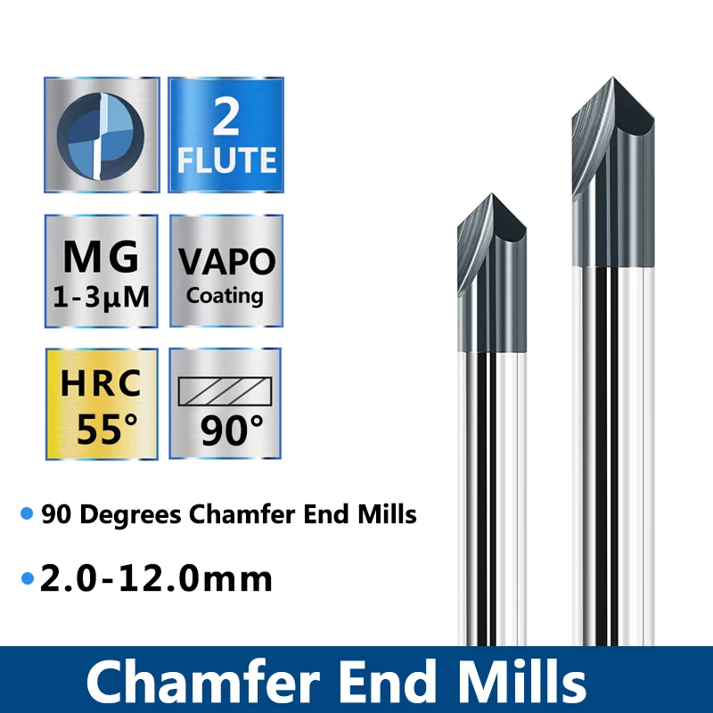 Chamfer End Mill 2Flute Cutter Router Bit 90Degree Carbide Tungsten 2mmto12mm 