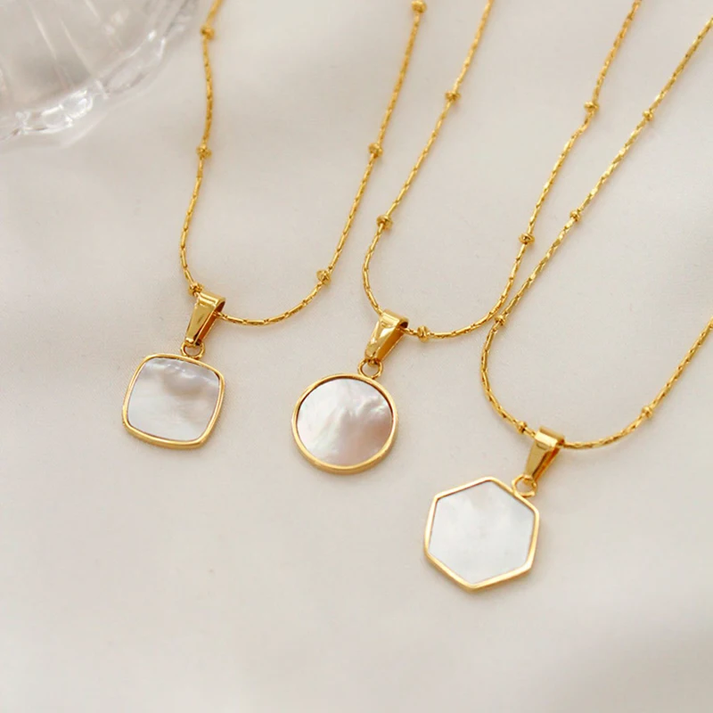 GHIDBK Stainless Steel Geometrical Natural Shell Coin Pendant Necklaces Dainty Square Charm Chokers Minimalist Collars Necklace | Украшения