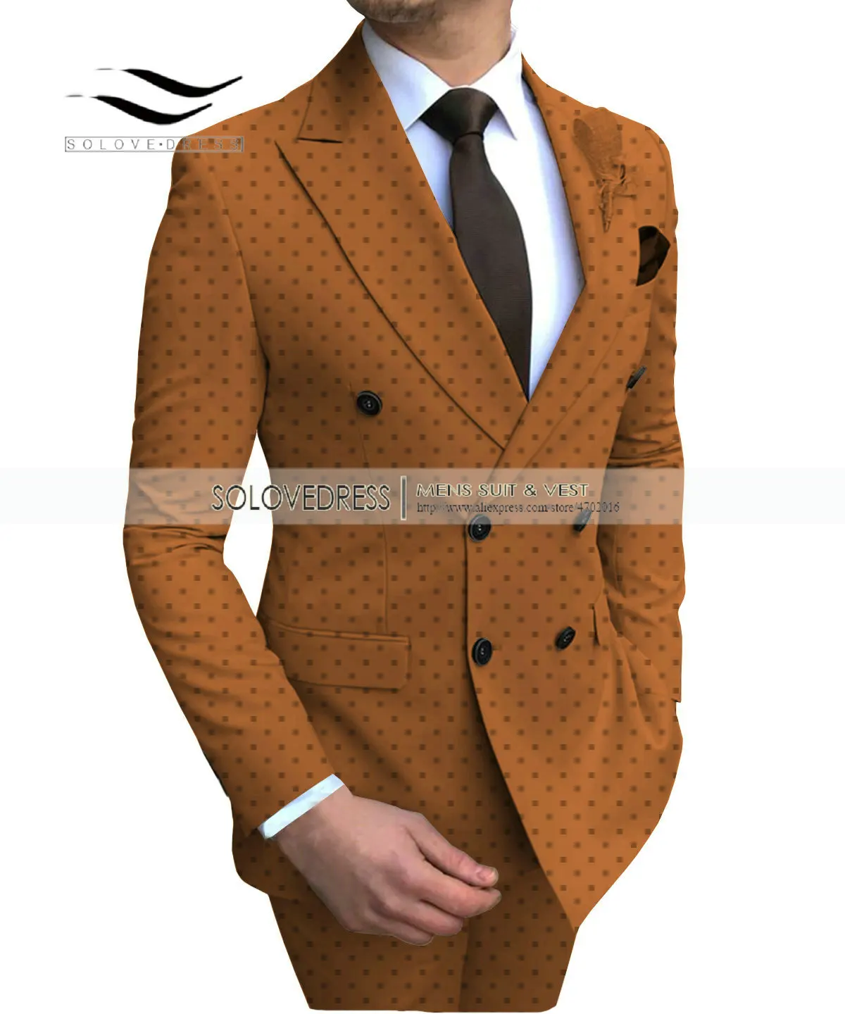 Brown Men's 2 Pieces Poika dot Bussiness Suit Double Breasted Regular Fit Notch Lapel Prom Tuxedos For Wedding/Party(Blazer+Pants - Color: Brown