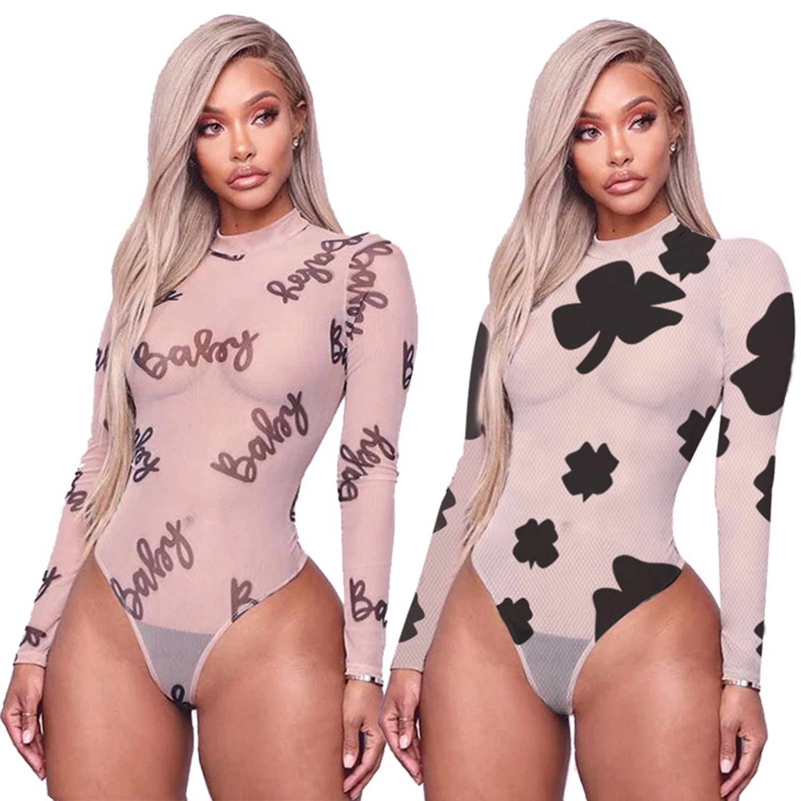 

Women's autumn tops, long-sleeved jumpsuits, net gauze printing, see-through tights, fashionable sexy hot sale