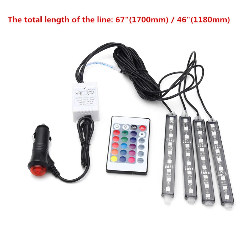 4PCS 10W 5050 Car Auto LED RGB Interior Floor Decorative Light DC12V Atmosphere Strip Pathway Deco Floor Light Remote Control