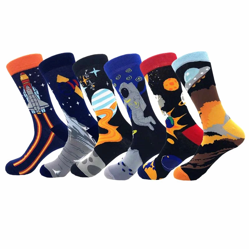 2021 Space Rocket Astronaut Mars Cartoon Socks Autunno Inverno Uomo Calzini Divertenti Personalità Cielo Stellato Universo Cotone Calzini Felici