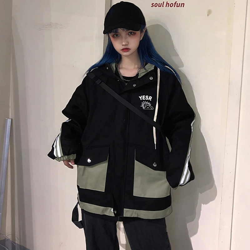 Neploe Korean Ins Harajuku Style Tooling Jacket Women Loose Bf Style Hooded Big Pocket Chaqueta Autumn Patchwork Casual Coat