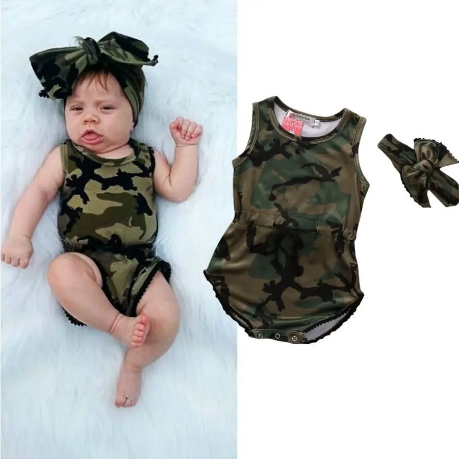 

0-24M Summer Newborn Baby Girls Camo Bodysuits Romper Headband Jumpsuit Outfits Baby Clothes