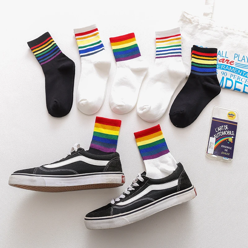 3 пар/лот,, женские/мужские носки в спортивном стиле, хлопковые носки в радужную полоску, унисекс, осенне-зимние носки, Теплые повседневные носки