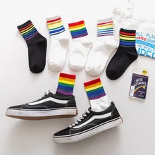 3 пар/лот,, женские/мужские носки в спортивном стиле, хлопковые носки в радужную полоску, унисекс, осенне-зимние носки, Теплые повседневные носки