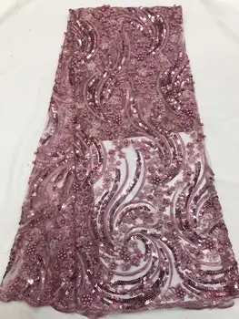 

2019 African Net Lace Fabric, High Quality Elegant Beads Gold Nigerian Wedding Lace Fabrics 5Yards Sequins French Tulle lace