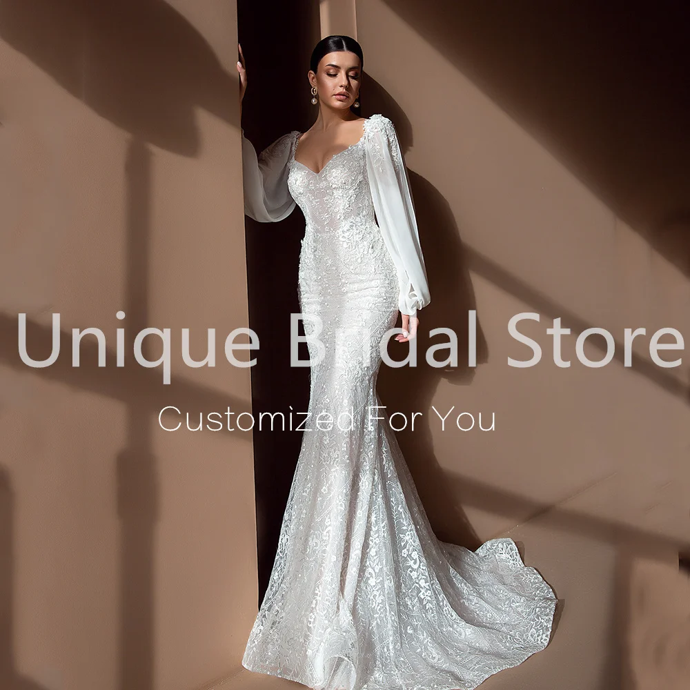 Customized Sexy Lace White Mermaid Wedding Dresses Sweetheart Detachable Puffy Sleeves Sweep Train Elegant Wedding G 5