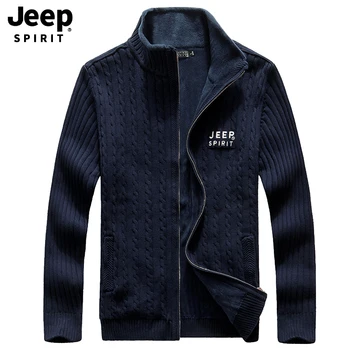 

JEEP SPIRIT Famous Brand Mens Sweaters Fashion Solid Color Fleece Wool Liner Cardigan Men Stand Collar Warm Sweater Men