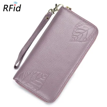 

Large-capacity multi-function leather clutch bag zipper wallet hand wallet Rfid ladies calfskin long embossed leaves