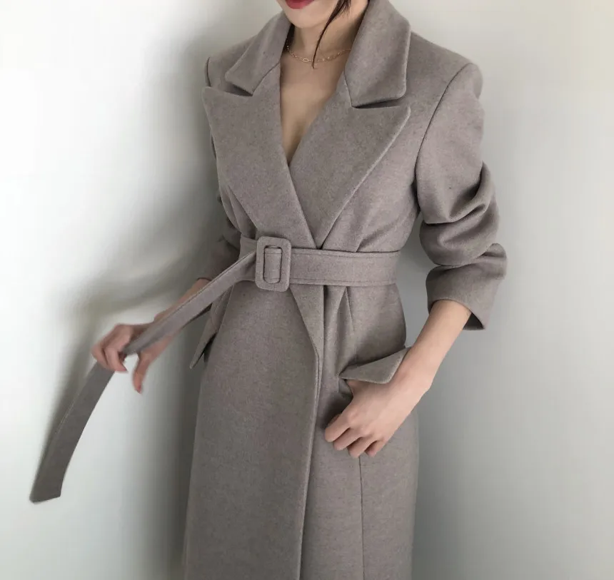 Модное однотонное женское длинное шерстяное пальто офисный женский узкий женский шерстяной жакет пояс пальто и куртка