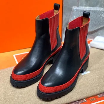 

High Quality Genuine Leather Brand Fashion Boots New Booties Round Chelsea Boots Thick Heel Middle Motorcycle Boots Female Tide