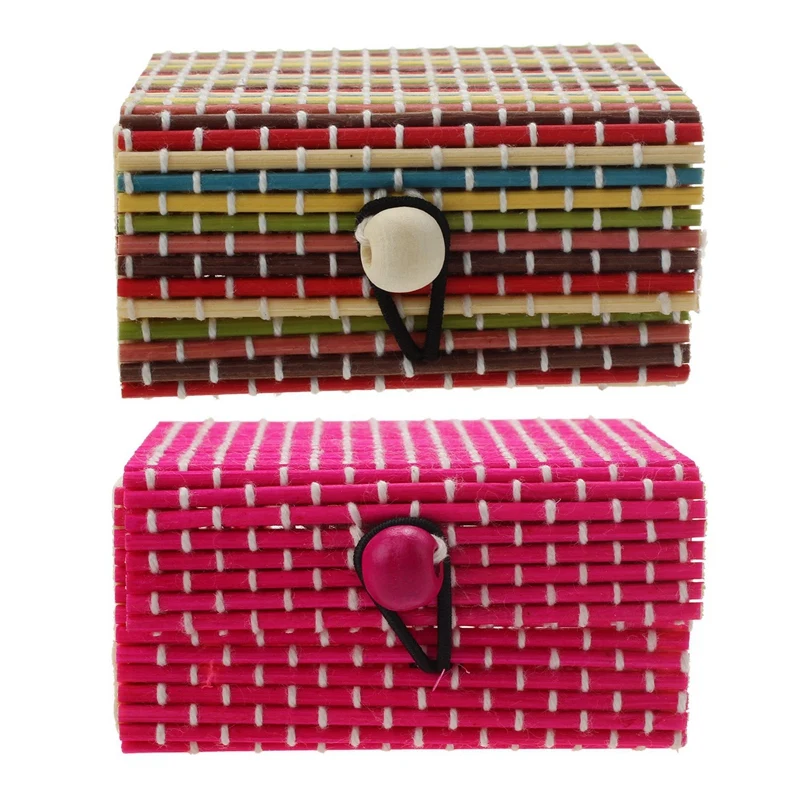 

2Pcs Delicate Ring Necklace Earrings Bamboo Wooden Case Jewelry Storage Boxes - Colorful & Rose Red