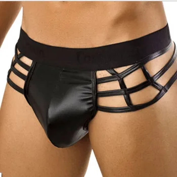 

Men's Sexy Hollow Briefs Underwear Jockstrap T-Back G-string Thongs Underpants Men's Faux Leather Stage Performance Trousers