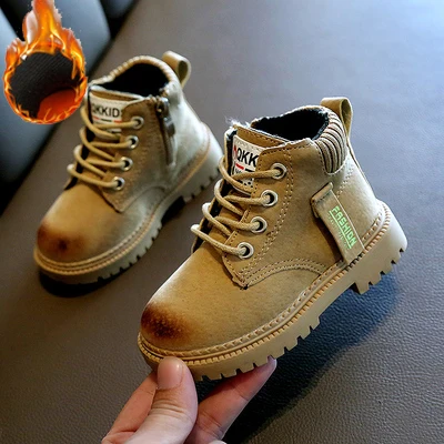 Khaki velvet Зимние детские ботинки; детская обувь для мальчиков и девочек; водонепроницаемые плюшевые зимние ботильоны для малышей; теплые детские мотоботы из искусственной кожи; zapatos - Цвет: Khaki velvet