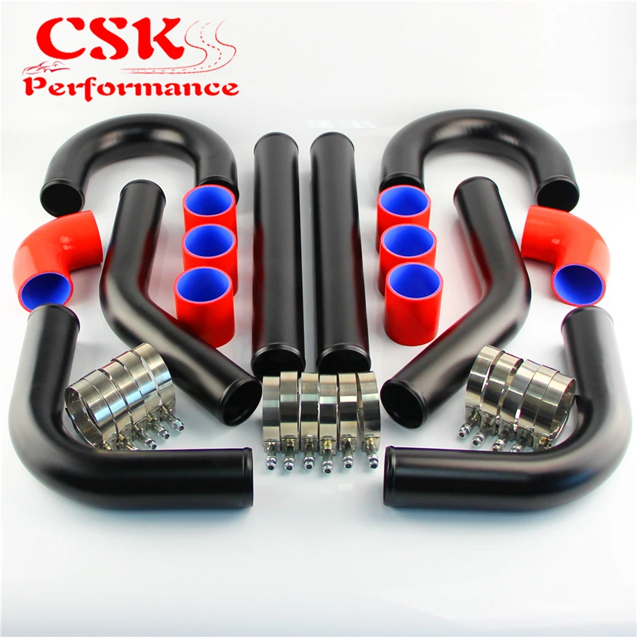 2.25" 57mm 8Pcs Universal Intercooler Turbo Boost Piping Pipe L=450mm + Silicone Hose T- Clamps Kit |