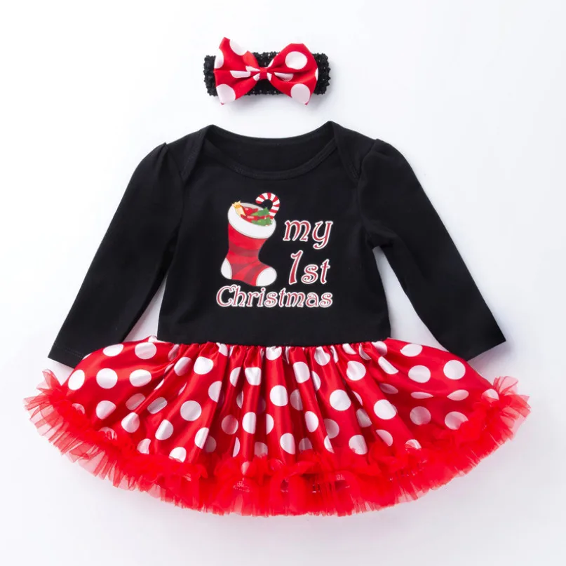 BEBE/Рождественские костюмы для детей; черные боди для девочек с платьем в горошек; повязка на голову; гетры для маленьких девочек; рождественские вечерние комплекты одежды