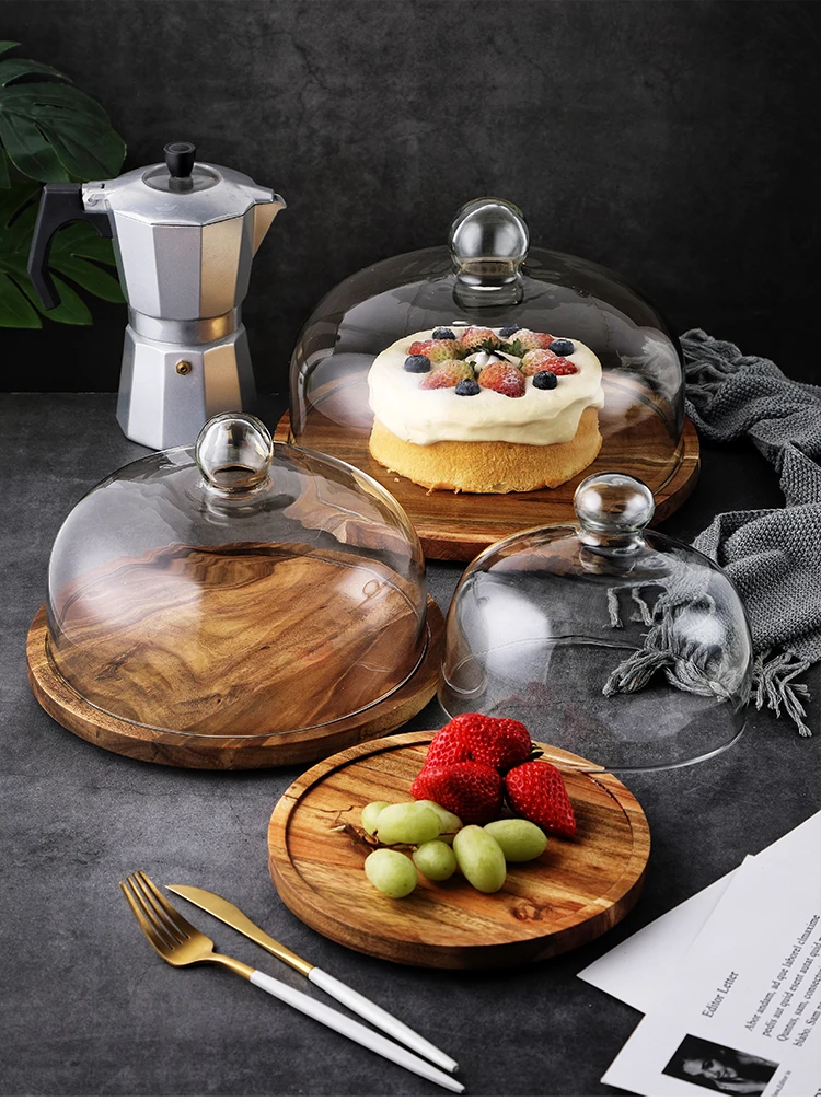 Wooden Tray With Glass Cover Cake Dessert Plate