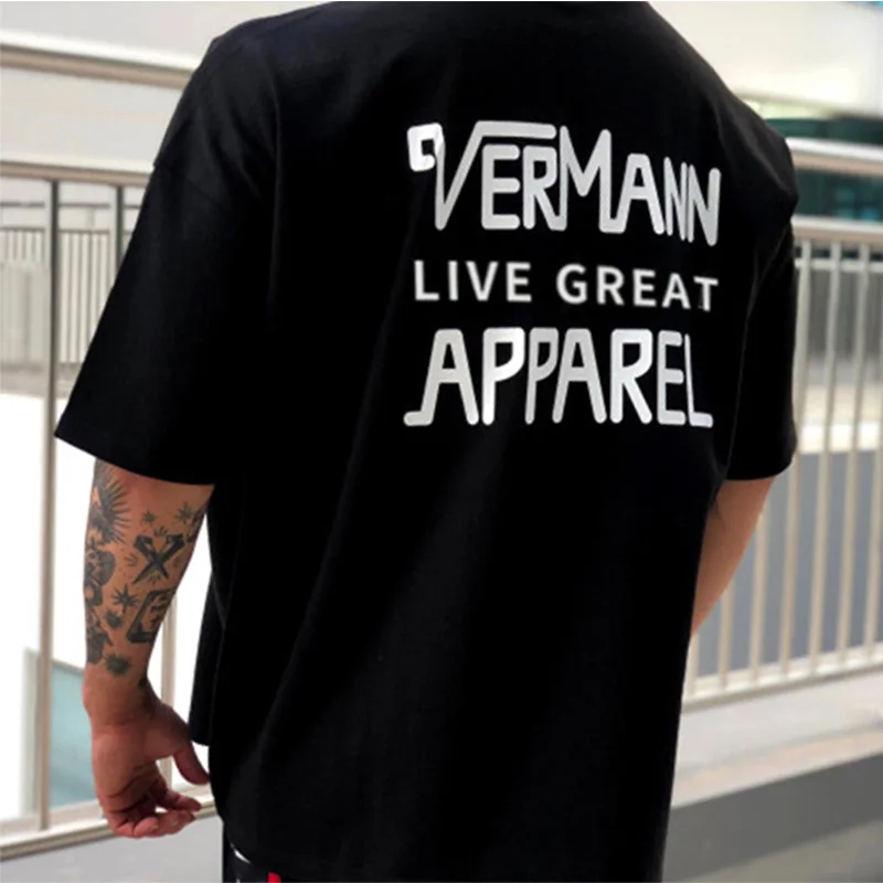 

Casual Cotton Printed t shirt Men Gym Fitness Short sleeve Loose T-shirt Male Workout Black Tees Tops Plus size Summer Clothes