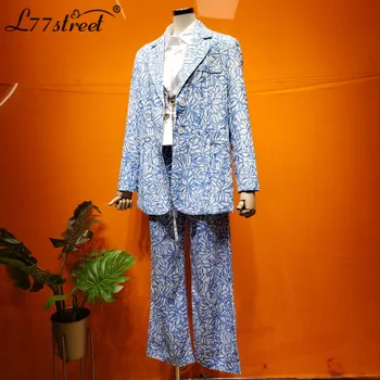 

Light Blue Watercolor Daisy Print Girl's Sense of Wear Suit Sweet Elegant Hong Kong Flavor Suit Pants Suit Autumn