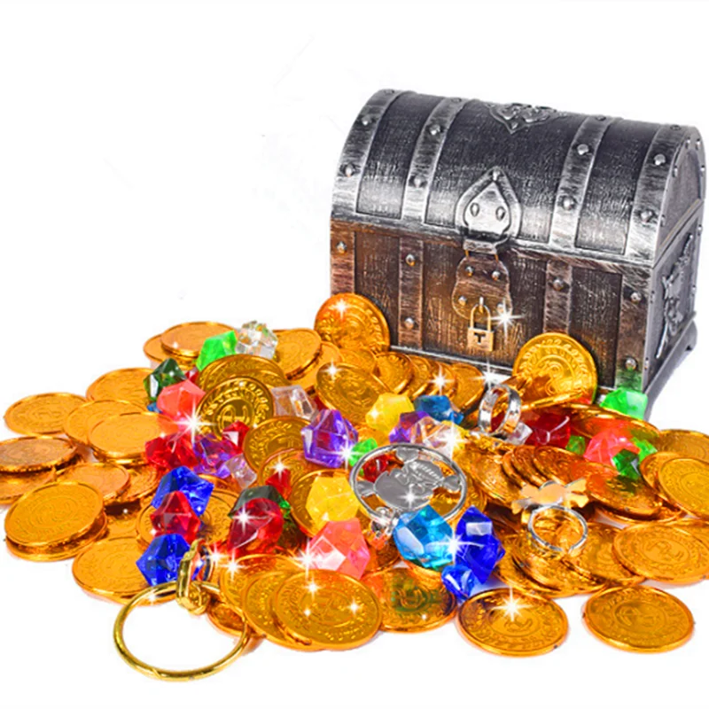 Treasure Hunting Box Children Treasure Box Retro Plastic Large Box Toy Gold Coins and Pirate Gems Jewelry Playset Pack