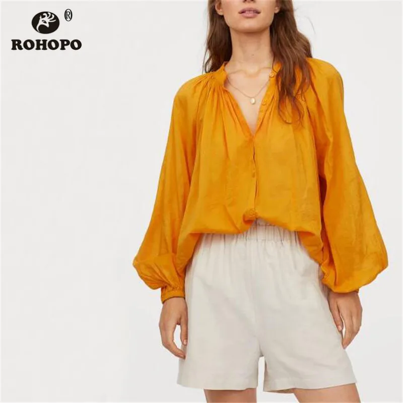 

ROHOPO Puff Long Sleeve Solid Orange Cotton Blouse Autumn Round Collar Pleated Baggy Office Ladies Top Shirt #