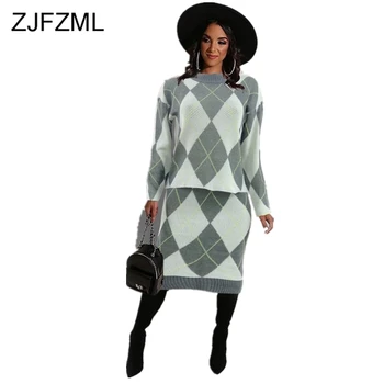 

Plaid Print Knitted Two Piece Outfit Women Long Sleeve Sweater Top And High Waist Bandage Midi Skirt Autumn Winter Matching Set