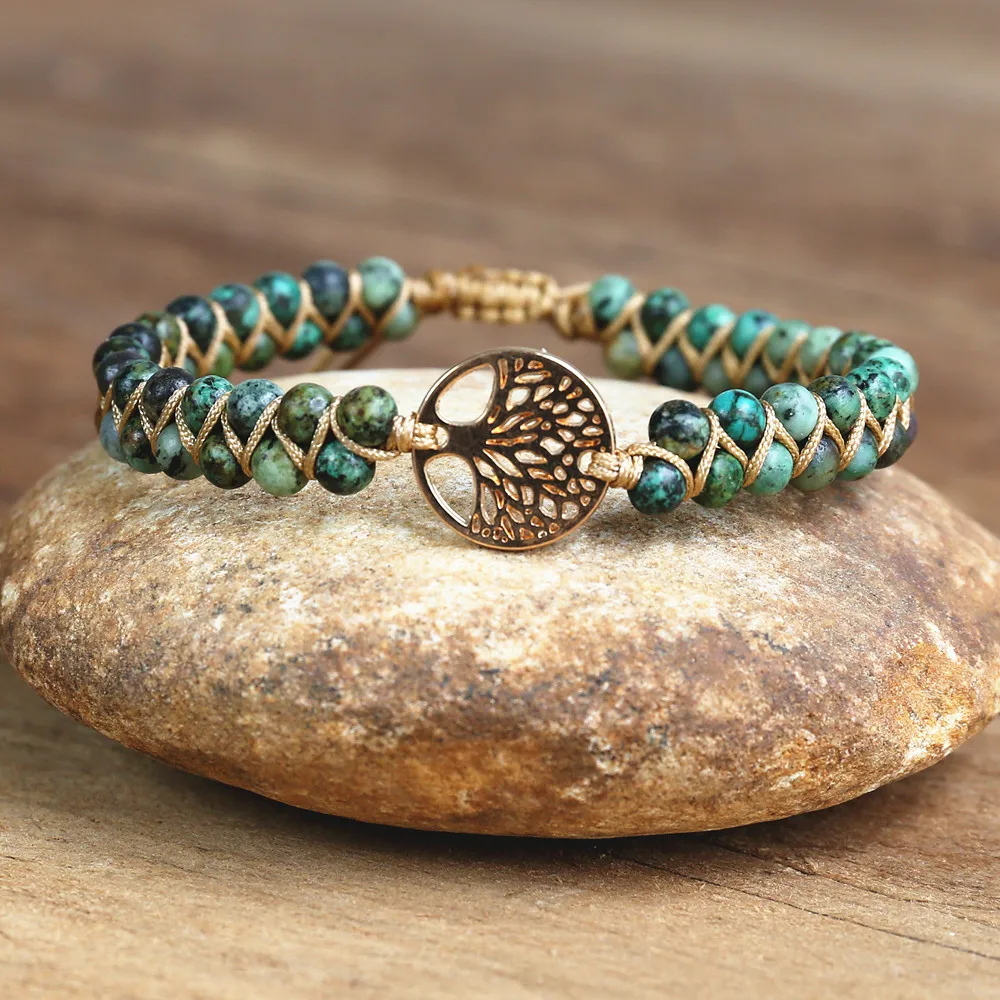 4mm Beads Handmade Bracelet Tree of Life Charm Bracelets African Japser String Braided Bracelets Yoga Friendship Lover