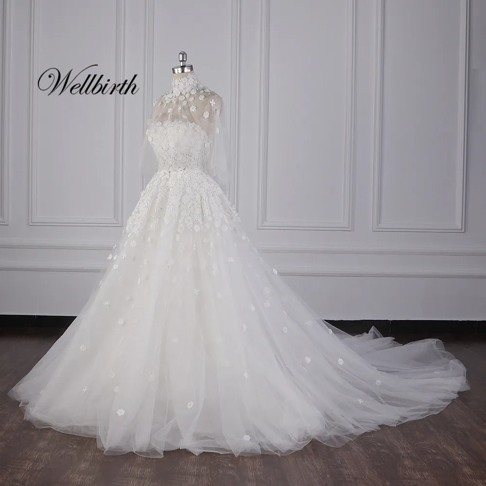 Реальное изображение Wellbirth Vestido de novia с высоким вырезом ТРАПЕЦИЕВИДНОЕ свадебное платье с коротким цельнокроеным рукавом свадебное платье jc045