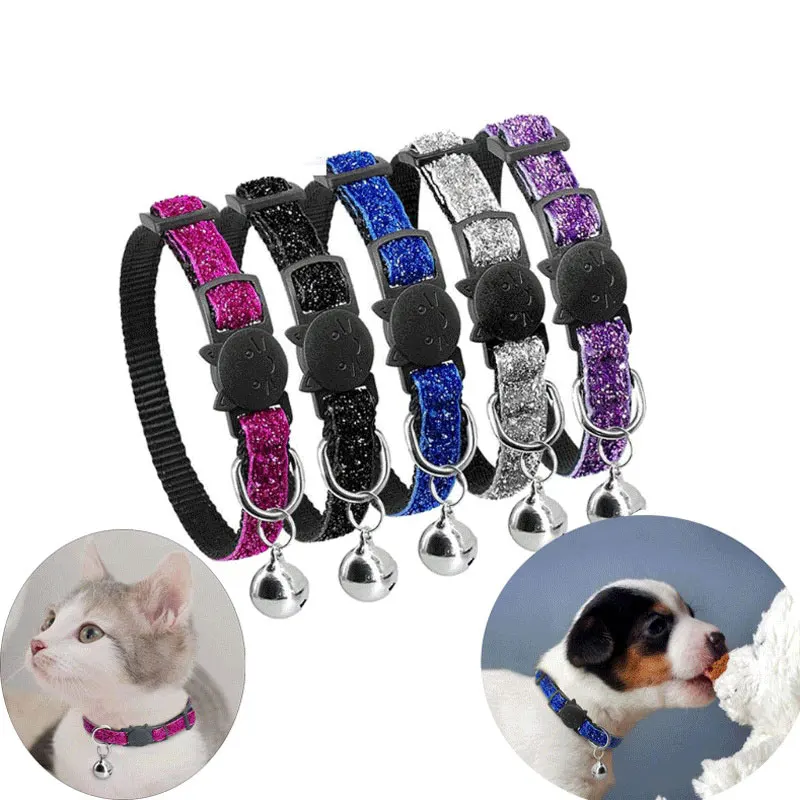 

Dog Kitten Nylon Bling Cat Adjustable Breakaway Collar Bells Sparkling Quick Release Safe Buckle Pet Cat Collar Glitter Puppy ID