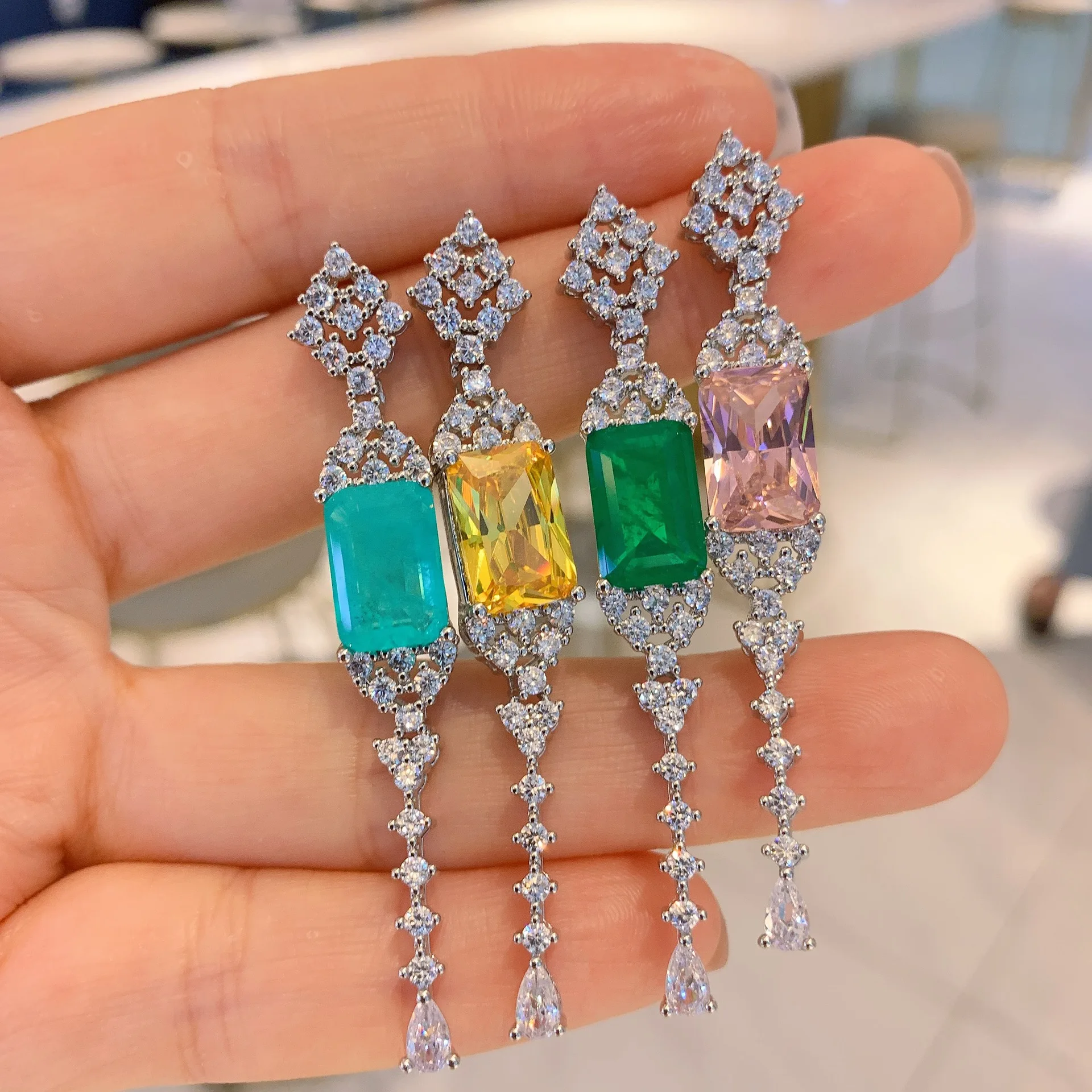 Qtt Vintage Color Argento Paraiba Tormalina Lab Smeraldo Pietra Rettangolo Orecchini Pendenti Gioielli Anniversario Donna