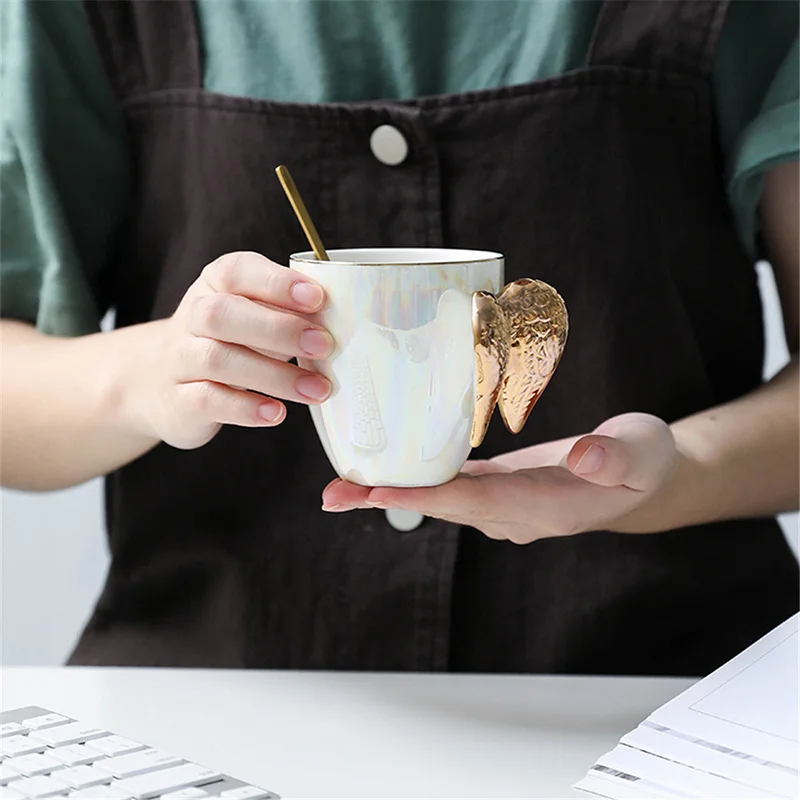 Креативная белая керамическая кофейная кружка позолоченная ручка Крылья Ангела офисная домашняя чайная молочная фарфоровая кружка подарок для пары украшения дома