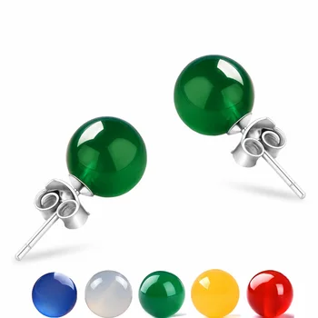 

S925 Sterling Silver Earrings Natural Green Agate Round Bead Earrings Temperament Blue Yellow White Chalcedony Earrings Jewelry