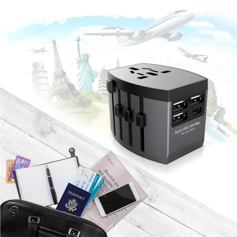 Все-в-одном Международный адаптер для путешествий 5V 3.4A 3 порта USB+ type C-универсальный сетевой адаптер для США/ЕС/Австралии/Великобритании